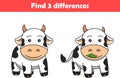 Education game for children find three differences between two cows animal cartoon. Vector illustration