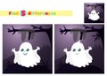 Find the differences. A cute ghost on the background of a mystical forest, branches and cobwebs at night in a cartoon style.