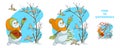 Find 10 differences. Cute snowman girl feeds birds in the winter forest. Educational game for preschool workbooks, printable and Royalty Free Stock Photo