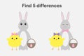 Find 5 differences, easter game for children, chick and bunny in cartoon style, education game for kids, preschool worksheet