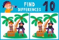 Find differences, education game for children. Pirate and treasure chest on a tropical island. Two pirates. Royalty Free Stock Photo