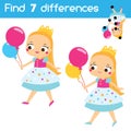 Find the differences educational children game. Kids activity with cute princess girl Royalty Free Stock Photo