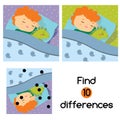 Find the differences educational children game. Kids activity sheet with boy sleeping in bed