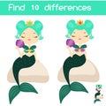 Find the differences educational children game. Kids activity sheet with cute mermaid