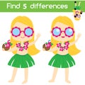 Find the differences educational children game. Kids activity sheet with summer beach girl Royalty Free Stock Photo