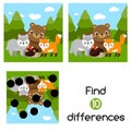 Find the differences educational children game. Kids activity with cartoon forest animals Royalty Free Stock Photo