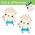 Find the differences educational children game. Kids activity with cartoon lamb Royalty Free Stock Photo