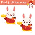 Find the differences educational children game. Kids activity with Chinese New Year animal rabbit