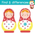 Find the differences educational children game. Kids activity with russian matreshka nesting doll