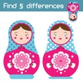 Find the differences educational children game. Kids activity with russian matreshka nesting doll