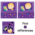 Find the differences educational children game. Kids activity sheet with boy sleeping in bed