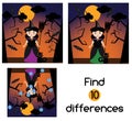Find the differences educational children game. Kids activity sheet, with halloween witch character