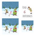 Find 6 differences. Educational game for children. Cartoon goblins in Santa`s hat with firework. Christmas puzzle