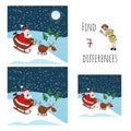 Find 7 differences. Educational game for children. Cartoon Santa and deer. Christmas puzzle