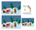 Find 7 differences. Educational game for children. Cartoon Santa near bonfire. Christmas puzzle