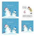 Find 6 differences. Educational game for children. Cartoon snowman in santa hat. Christmas puzzle