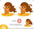 Find differences educational game for children, Cute cartoon girl sits on the beach with a seashell and listens to the sound of Royalty Free Stock Photo