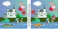 Find differences. Educational game for children. Vector illustration. Cute cartoon fishes, bright flowers and beautiful house. Royalty Free Stock Photo
