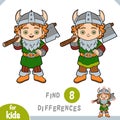 Find differences, education game for children, Viking boy with an ax