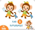 Find differences educational game, Cute monkey traveler with suitcase and air ticket