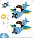 Find differences, educational game for kids, Cute penguin pilot is flying on an airplane