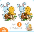 Find differences educational game for kids, Easter illustration. Bird and rabbit and basket with colored eggs