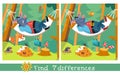 Find 7 differences. Educational puzzle game for children. Cartoon wild boar on hammock in forest. Cute animal characters Royalty Free Stock Photo