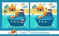 Find 7 differences. Educational puzzle game for children. Cute giraffe on ship. Summer and holidays, travelling. Cartoon Royalty Free Stock Photo