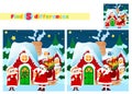 Find the differences. Evening scene in front of Santa Claus\' house. Santa and Mrs. Santa stand in front of the door. Royalty Free Stock Photo