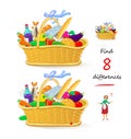 Find 8 differences. Food basket illustration. Logic puzzle game for children and adults. Page for kids brain teaser book.