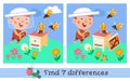 Find 7 differences. Game for children. Activity, color vector illustration. Cute beekeeper and bees near the beehive.