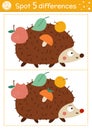 Find differences game for children. Autumn forest educational activity with hedgehog and mushroom. Printable worksheet with cute
