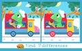 Find 7 differences. Game for children. Card with cute cartoon style characters. Iguana and ice cream truck. Scene for