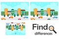 Find 10 differences, game for children, christmas snowy city in cartoon style, education game for kids, preschool worksheet