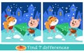 Find 7 differences. Game for children. Cute bear and fox are carrying Christmas tree. Cartoon characters on street in Royalty Free Stock Photo