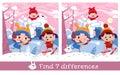 Find 7 differences. A game for children. Cute boys and girls skiing, playing snowballs near the snow fortress. Winter