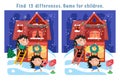 Find 13 differences. Game for children. Cute hedgehogs decorate house with light garland and carry letter for Santa Royalty Free Stock Photo