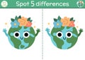 Find differences game for children. Ecological educational activity with cute planet. Earth day puzzle for kids with funny