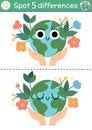 Find differences game for children. Ecological educational activity with cute planet in hands. Earth day puzzle for kids with