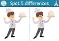 Find differences game for children. Educational activity with cute chef and plate with closh. Puzzle for kids with funny French Royalty Free Stock Photo