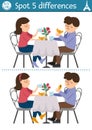 Find differences game for children. Educational activity with cute pair drinking tea with croissants. Puzzle for kids with funny