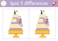 Find differences game for children. Educational activity with cute wedding cake. Marriage ceremony puzzle for kids with funny Royalty Free Stock Photo