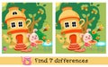 Find 7 differences. Game for children. Fairy tale ceramic teapot house with cute bunny and berry pie. Vector