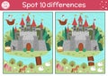 Find differences game for children. Fairytale educational activity with cute castle, princess, frog prince. Magic kingdom puzzle Royalty Free Stock Photo