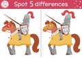 Find differences game for children. Fairytale educational activity with cute knight on a horse. Magic kingdom puzzle for kids with