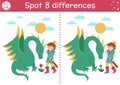 Find differences game for children. Fairytale educational activity with cute prince and dragon. Magic kingdom puzzle for kids with