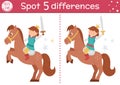 Find differences game for children. Fairytale educational activity with cute prince on a horse. Magic kingdom puzzle for kids with