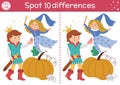 Find differences game for children. Fairytale educational activity with cute prince, shoe, pumpkin. Magic kingdom puzzle for kids