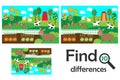 Find 10 differences, game for children, farm animals and garden cartoon, education game for kids, preschool worksheet activity, Royalty Free Stock Photo