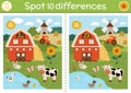 Find differences game for children. On the farm educational activity with cute barn house, rural landscape, tractor. Farm puzzle